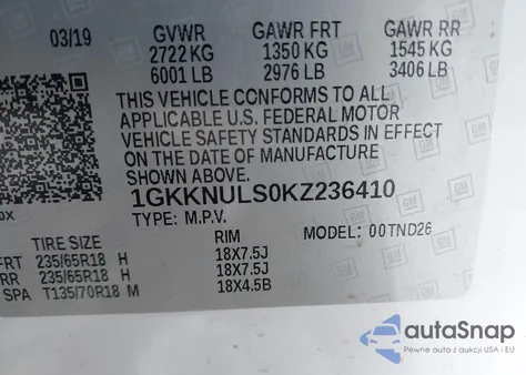 2019 GMC Acadia Slt-1 из США, поврежденный, VIN 1GKKNULS0KZ236410